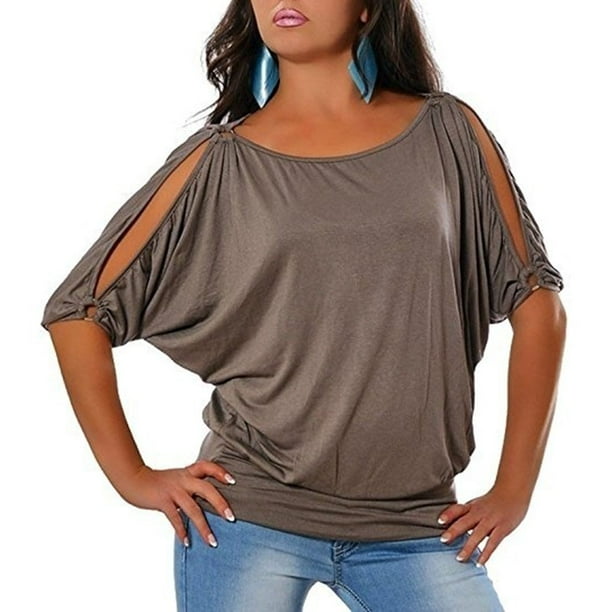 Womens Cold Shoulder Plain Crew Neck Cut Out Tops T Shirt Casual Blouse Pullover